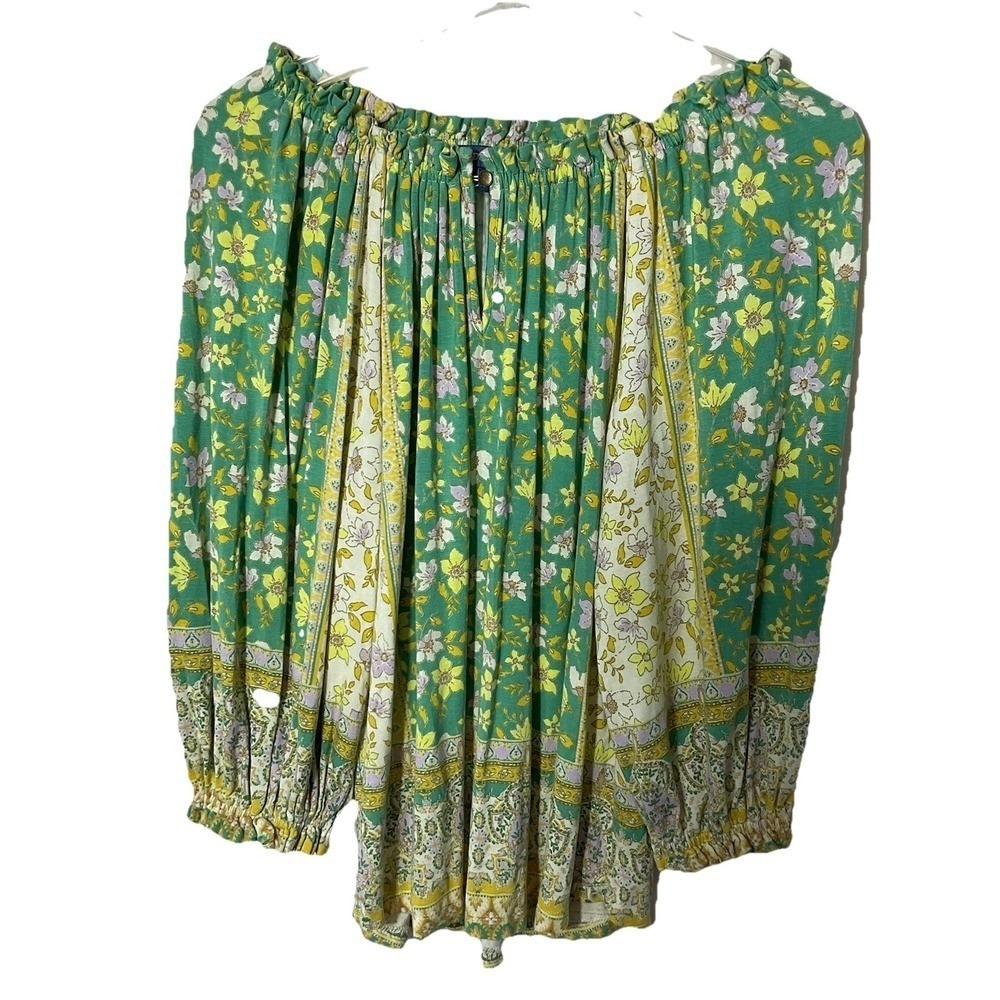 Democracy Women Medium Green Yellow Peasant Printed Floral Off Shoulder Blouse
